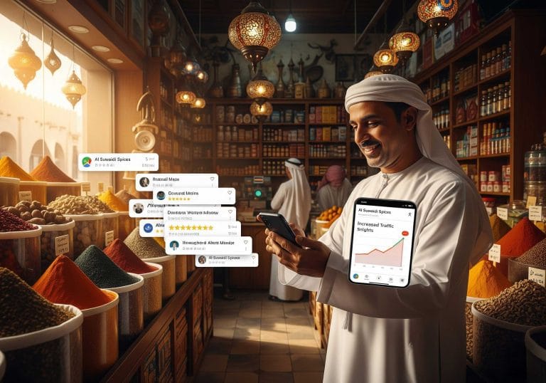 A Ras Al Khaimah shop owner checking their business profile on Google Maps, seeing positive reviews and increased traffic insights. 3:2 ratio, daylight, realistic UAE setting.