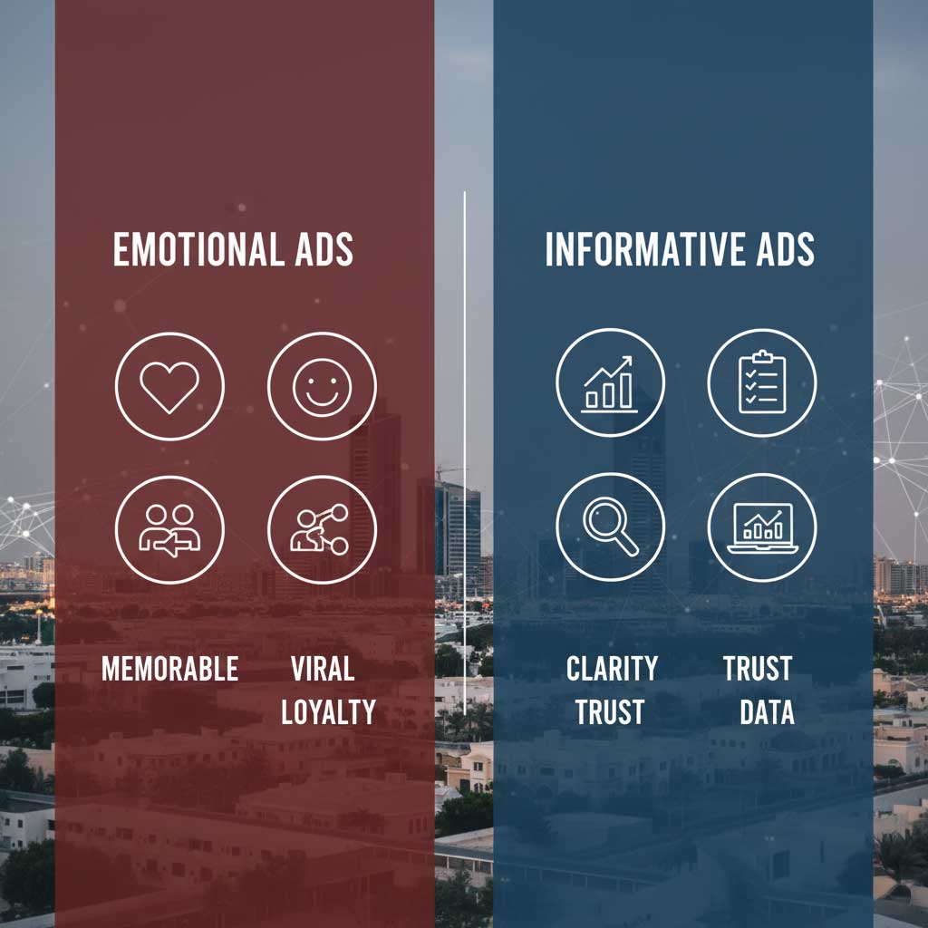 “Pros and cons of emotional ads and informative ads illustrated with icons for storytelling, facts, and conversions.”