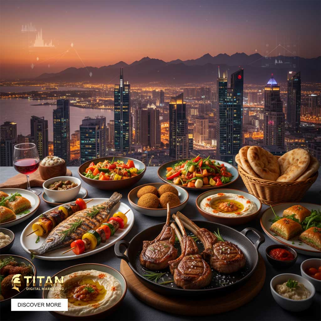 A modern Ras Al Khaimah business skyline with a dining table overlay showing a mix of Mediterranean dishes and lamb chops as a metaphor. Space for call-to-action text. Photographic, sleek, professional, high-resolution.