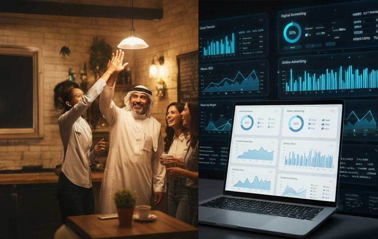 “Comparison of emotional and informative digital ads: a Ras Al Khaimah café owner celebrating success vs clear marketing analytics on screen.”