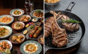 A professional split-screen visual: On the left, a Mediterranean restaurant table with many dishes (hummus, grilled fish, kebabs, baklava). On the right, a sizzling plate of lamb chops, close-up, mouthwatering detail. Photographic style, modern business branding, high-resolution.