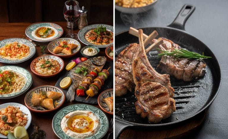 A professional split-screen visual: On the left, a Mediterranean restaurant table with many dishes (hummus, grilled fish, kebabs, baklava). On the right, a sizzling plate of lamb chops, close-up, mouthwatering detail. Photographic style, modern business branding, high-resolution.
