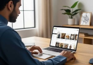 Emirati entrepreneur building their Shopify online store with product listings and bilingual content in a modern home office.