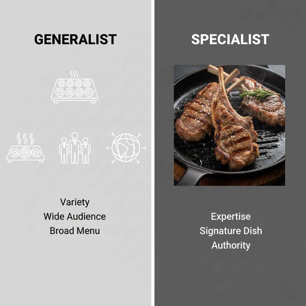An infographic-style visual: two columns. Left side labeled “Generalist” with icons of multiple dishes, variety, wide audience. Right side labeled “Specialist” with a single dish (lamb chops), spotlight effect, authority. Clean, modern, professional style, business-oriented layout.