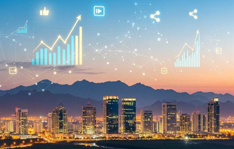 "Ras Al Khaimah skyline with mountains and mangroves, overlaid with digital marketing visuals like charts and network lines, symbolizing innovation and business growth in the UAE."
