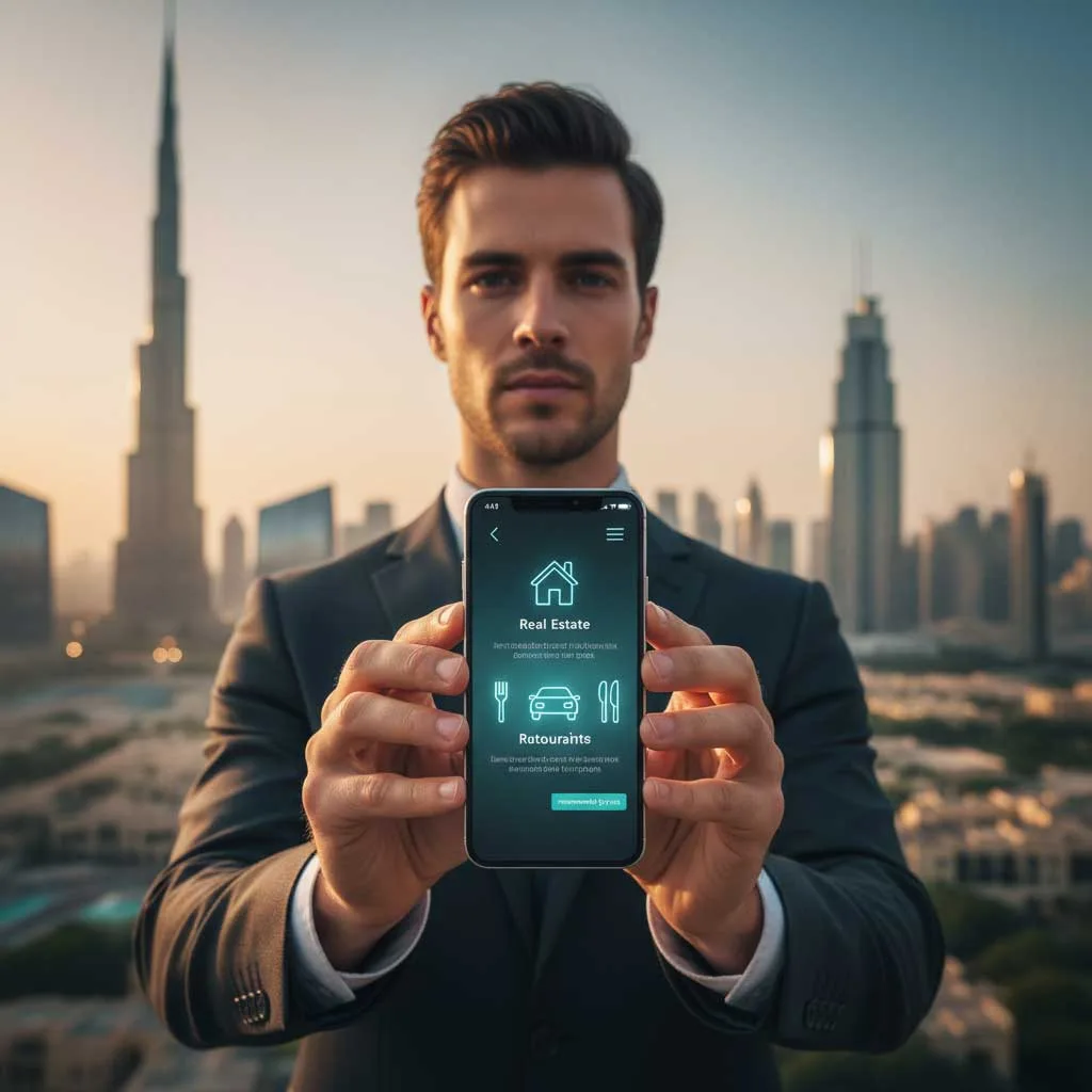Business professional in Dubai utilising a generative AI assistant to shortlist local B2B service providers.