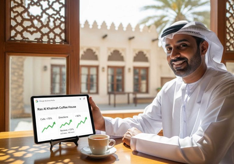 Ras Al Khaimah business owner checking Google Business Profile insights showing call and traffic growth.
