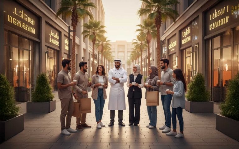 "Small business owners in Ras Al Khaimah — a chef, barista, and boutique owner — engaging with happy customers outside their shops, representing customer-centric digital marketing."