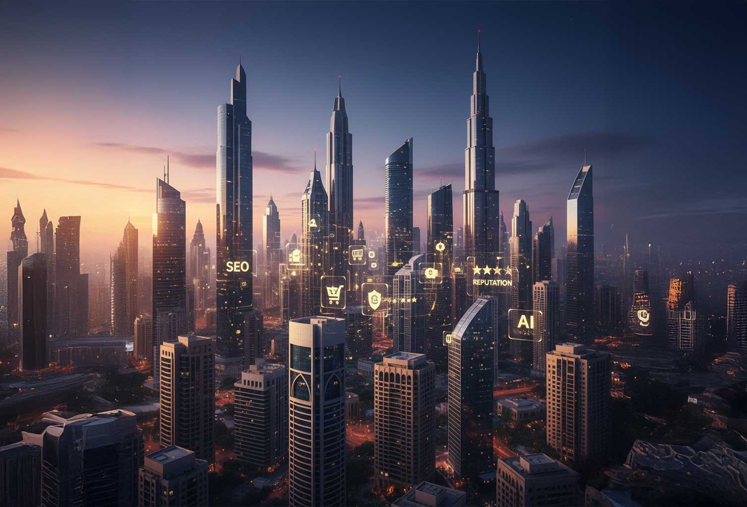 UAE cityscape with holographic AI overlays symbolizing GEO and AI-powered search