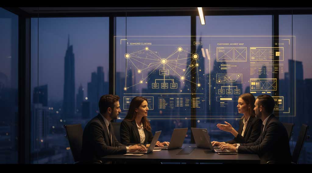 UAE marketing team planning content strategy with analytics and brand guidelines on screen.