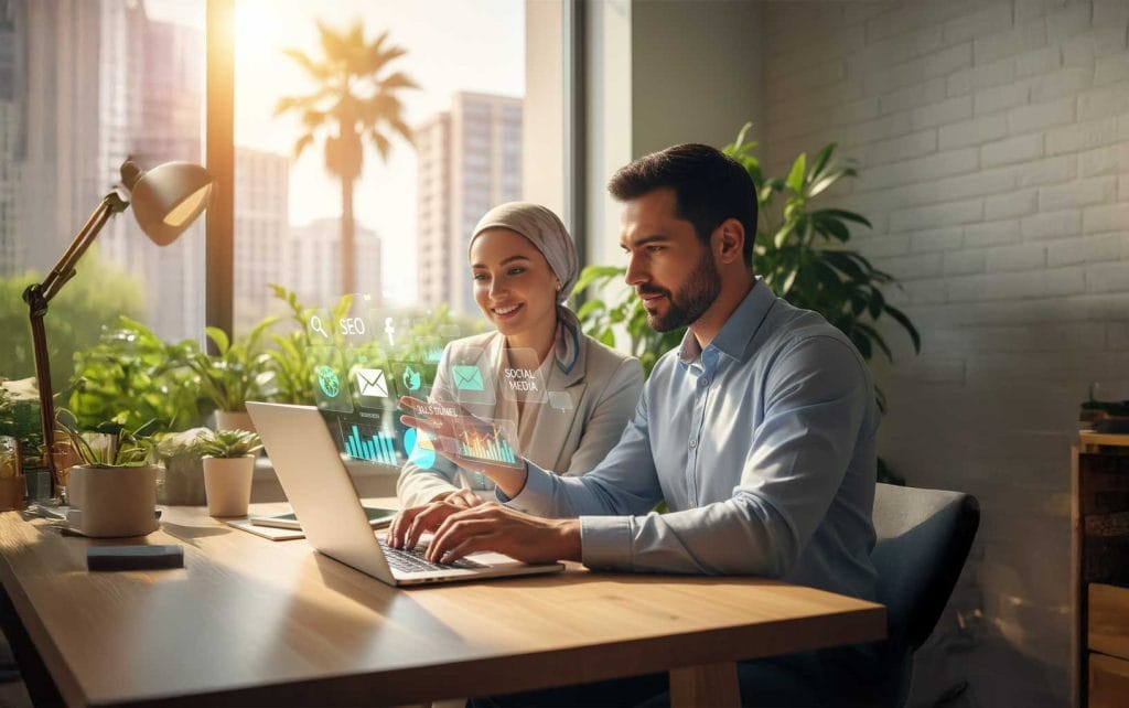 "Small business owners reviewing digital marketing strategies with icons representing SEO, social media, email, and customer growth."