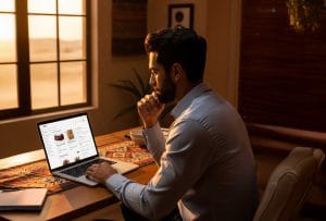 eCommerce store owner in the UAE reviewing AI-generated product listings in Shopify with structured product information.