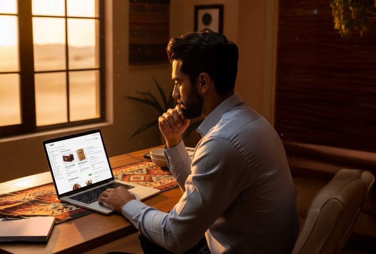 eCommerce store owner in the UAE reviewing AI-generated product listings in Shopify with structured product information.