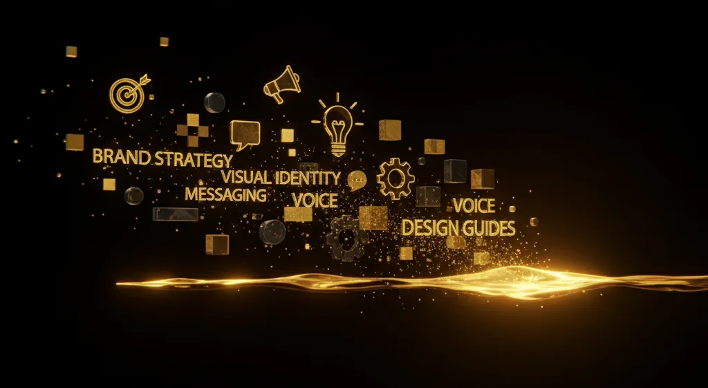 Conceptual black background with floating gold typography, icons, and color swatches converging into a single glowing line to symbolize a unified brand voice