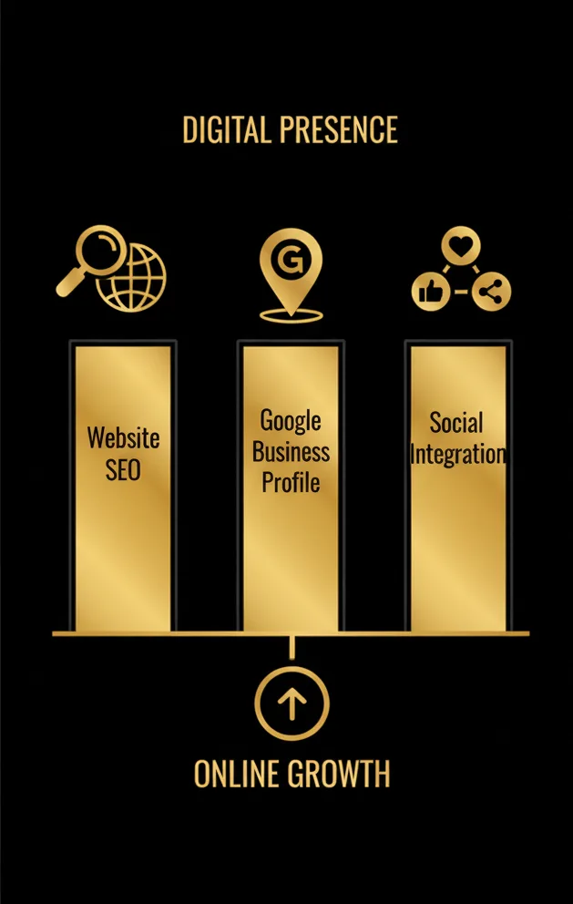 Infographic showing Website SEO, Google Business Profile, and Social Integration pillars
