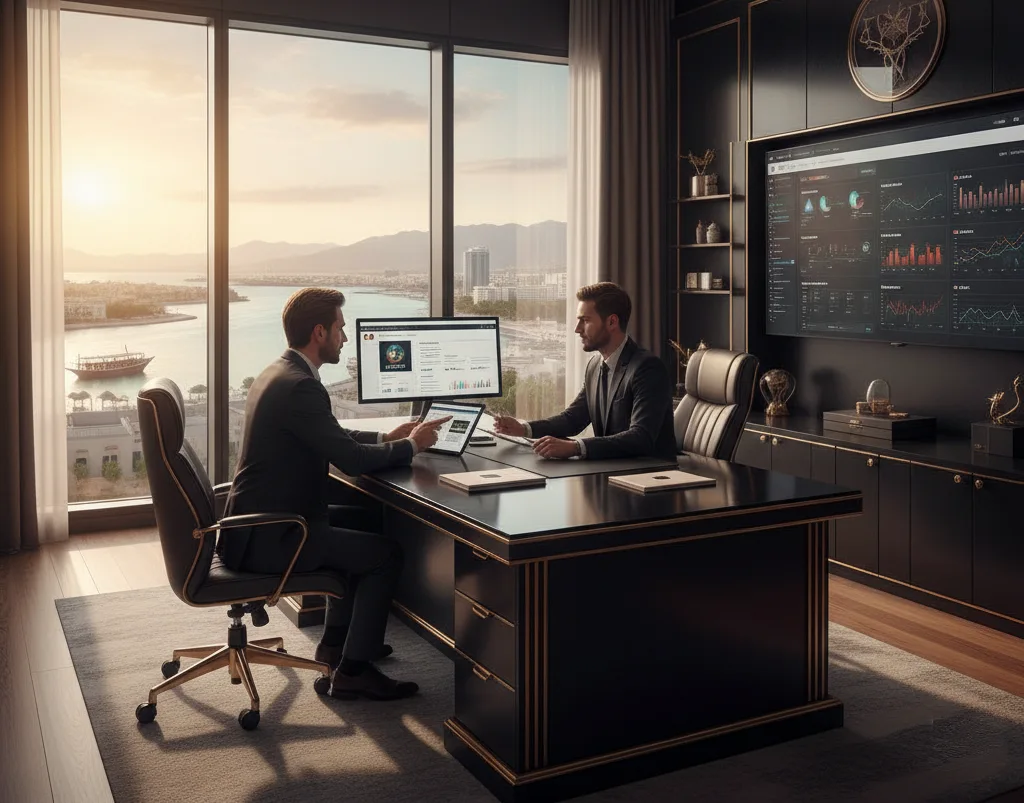 Marketers in Ras Al Khaimah reviewing a digital marketing dashboard