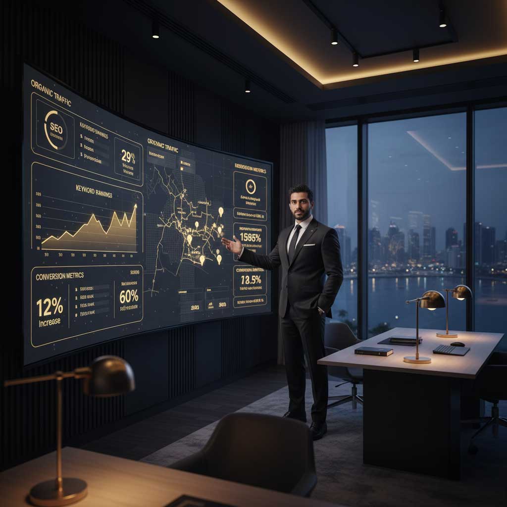 RAK business owner reviewing SEO performance dashboard with traffic and rankings trends