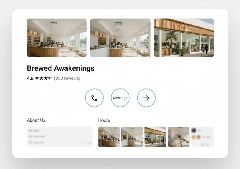 Google Business Profile card mock with photos, reviews, buttons