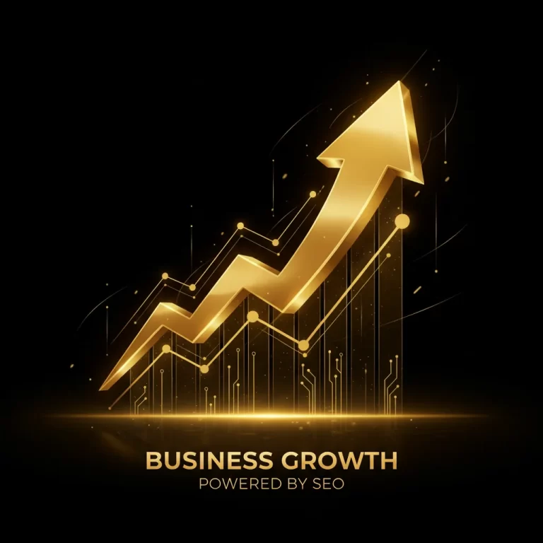 Gold upward arrow and glowing blue analytics chart on a black background, symbolizing strong business growth and SEO performance