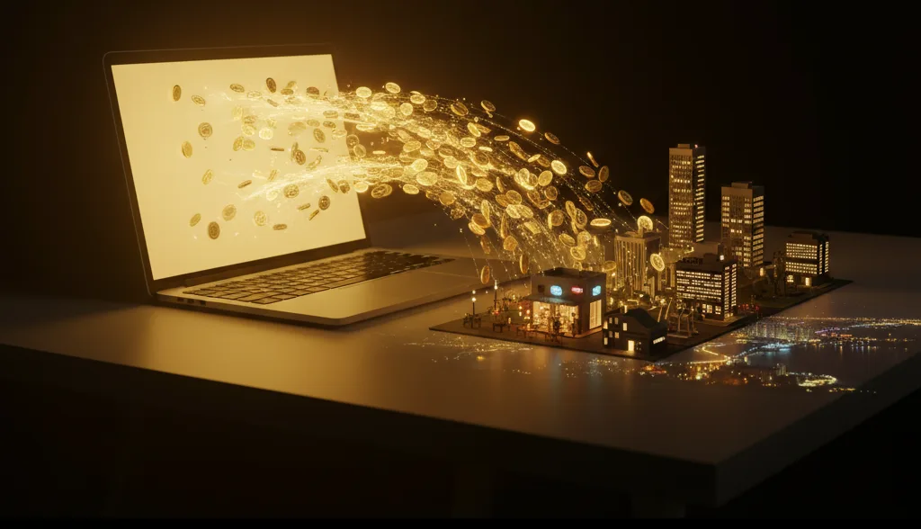 Golden light trails and AED coins flowing from a laptop and transforming into illuminated Ras Al Khaimah shops and cafés at night