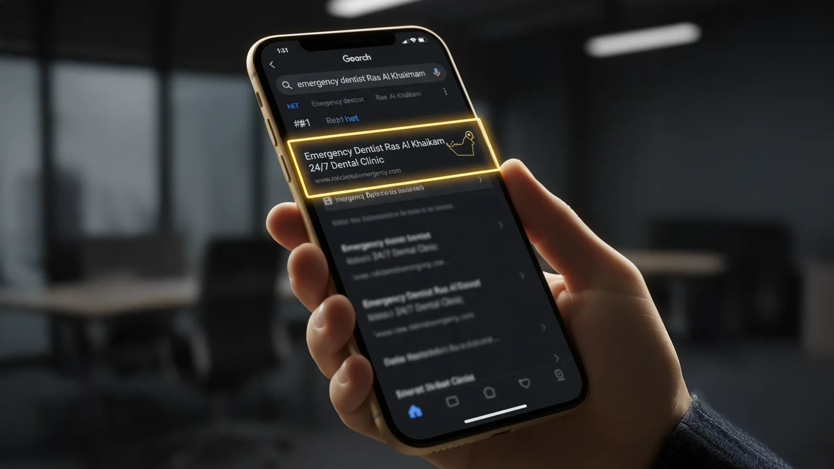 Google results showing #1 ranking for ‘emergency dentist Ras Al Khaimah’ after local SEO optimization