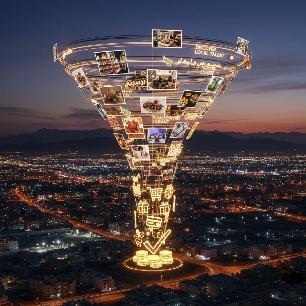 Photographic composition of a glowing marketing funnel above Ras Al Khaimah city lights, with real small-business images flowing into messages and purchases