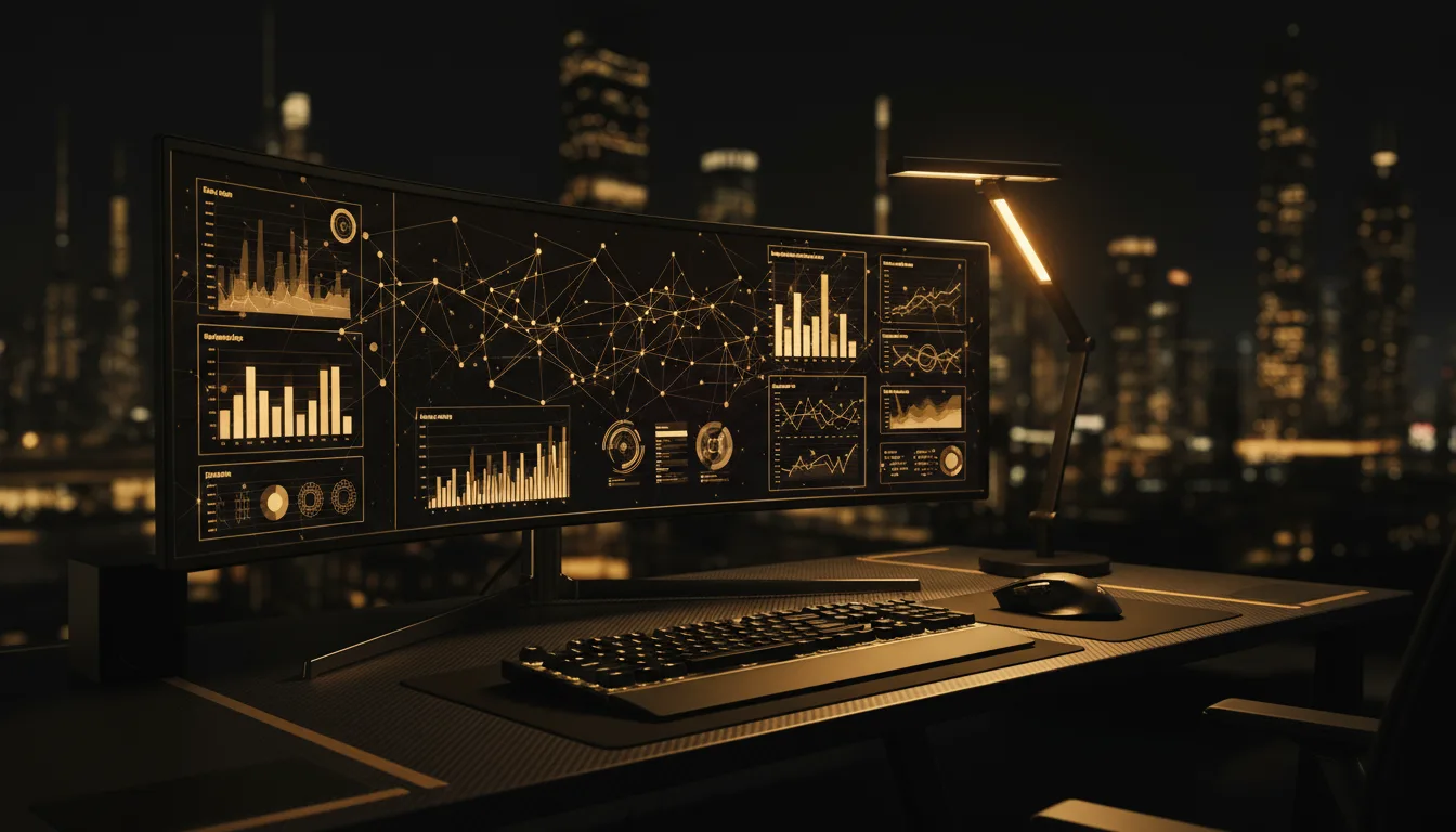 Cinematic dashboard scene with ad metrics and bold black–gold highlights.