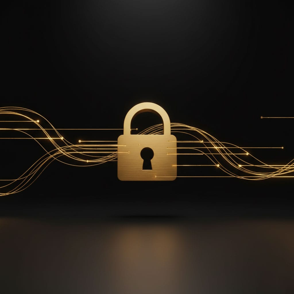 Lock and abstract data lines on a dark gold-tinted background