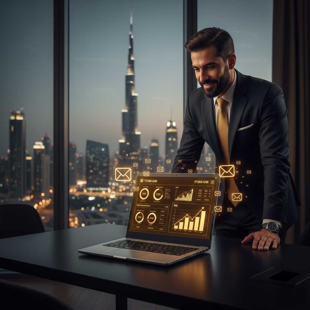 Modern UAE office scene with laptop showing email open rates and click-through analytics