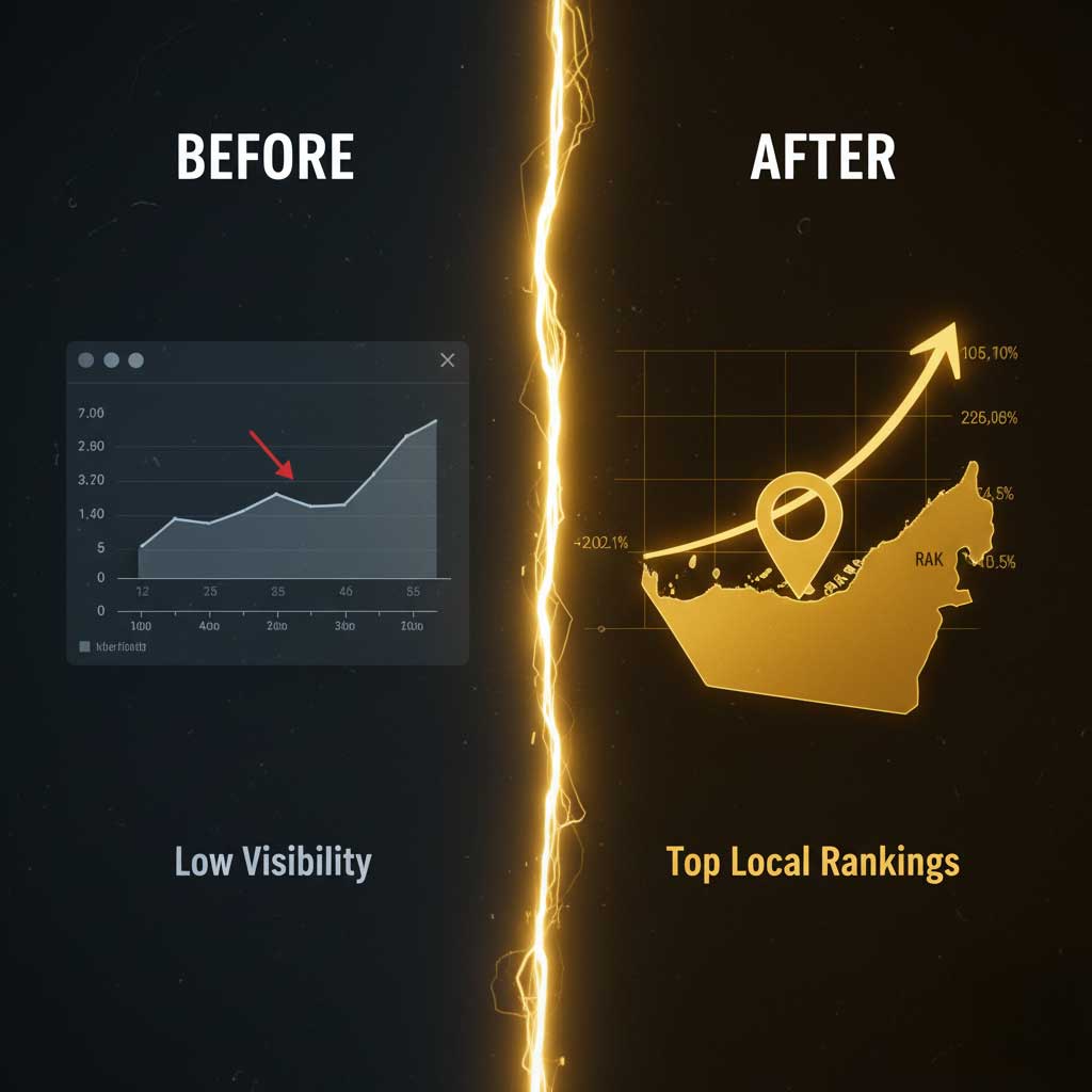 Before and after SEO visibility for a RAK business — rankings and traffic rising on dashboard