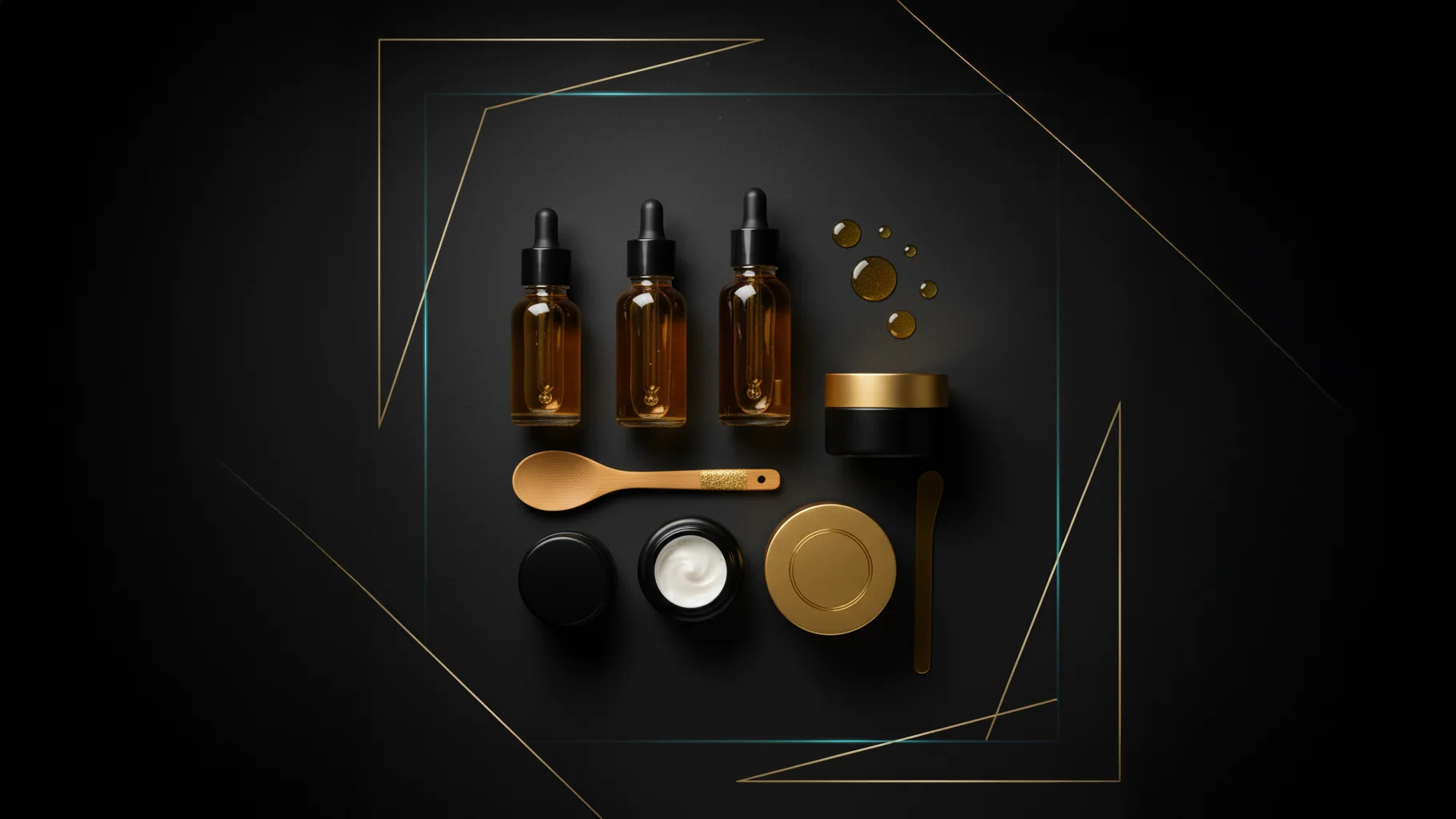 Minimal black-and-gold vanity scene with natural skincare bottles
