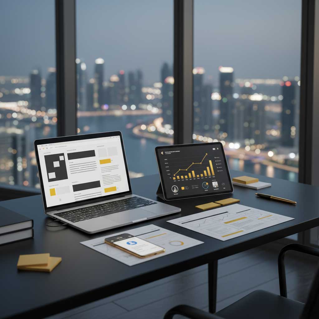 Content strategy workspace with long-form outlines, analytics, and a laptop in a UAE office