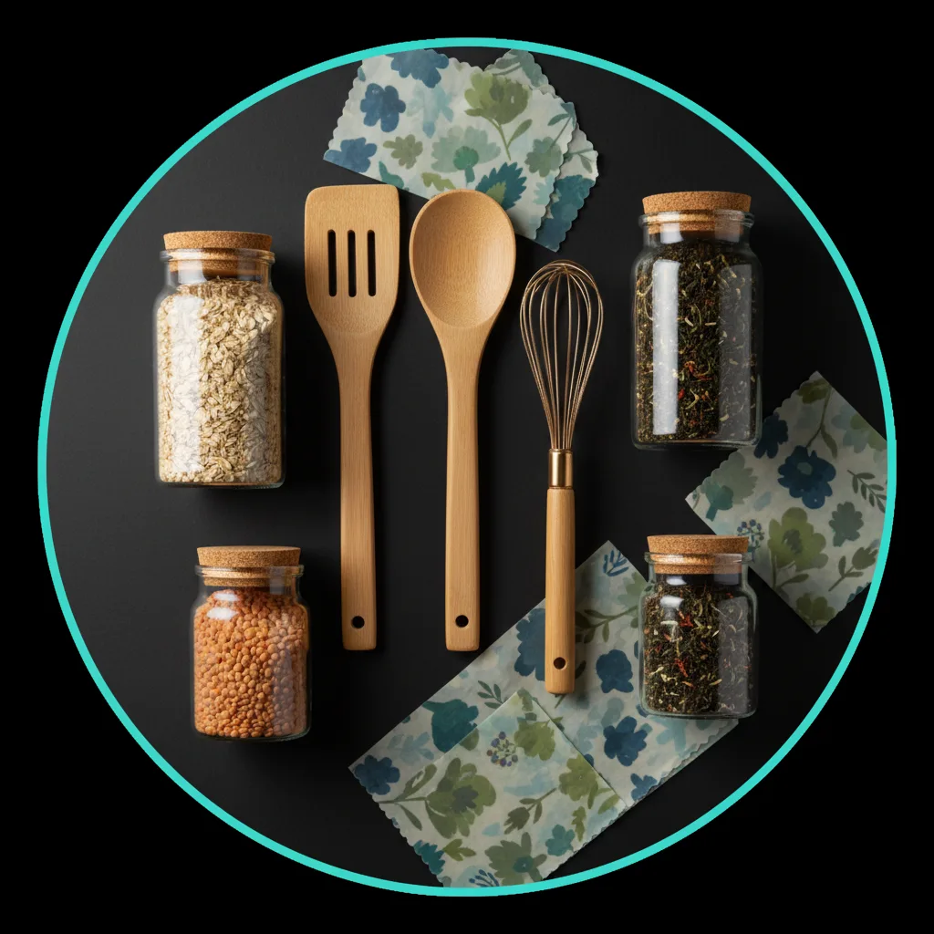 Eco-friendly home goods flatlay in premium minimal styling