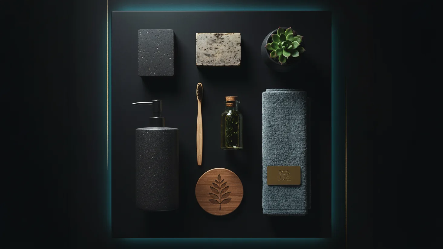 Premium flatlay of eco-friendly home products in black-and-gold Titan style