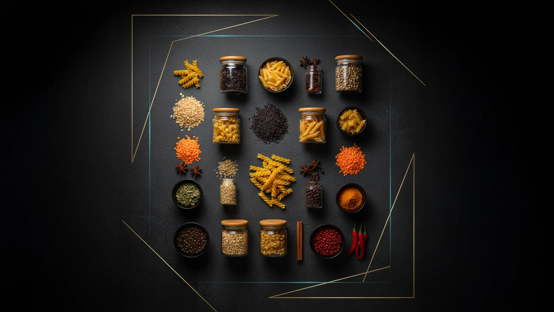 Assortment of specialty organic foods in a premium flatlay