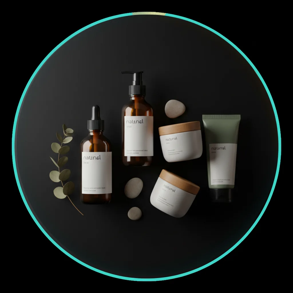 Natural skincare bottles in a minimal black-and-gold setup