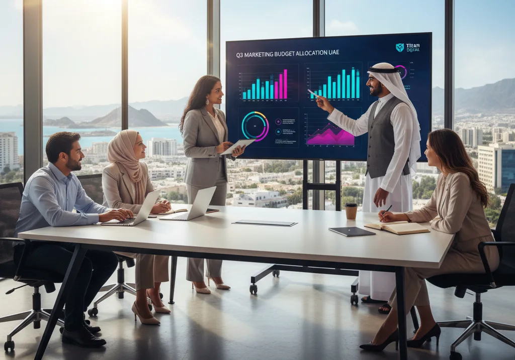 Digital marketing team in Ras Al Khaimah analyzing budget charts on screen and tablet