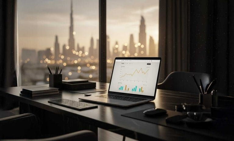 Modern laptop with analytics dashboard on a dark desk, UAE skyline in background — Google-recommended SEO concept