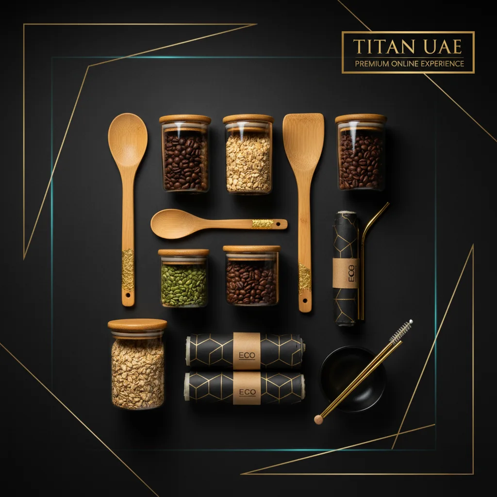 Eco product flatlay: jars, bamboo utensils, and wraps