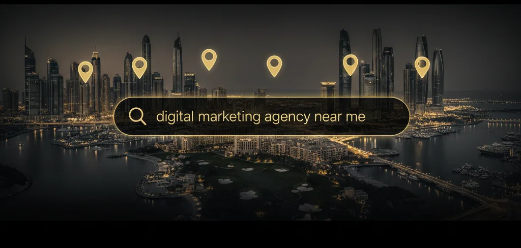 UAE city montage with subtle map pins and search bar overlay — visualizing 'digital marketing agency near me' across the Emirates.