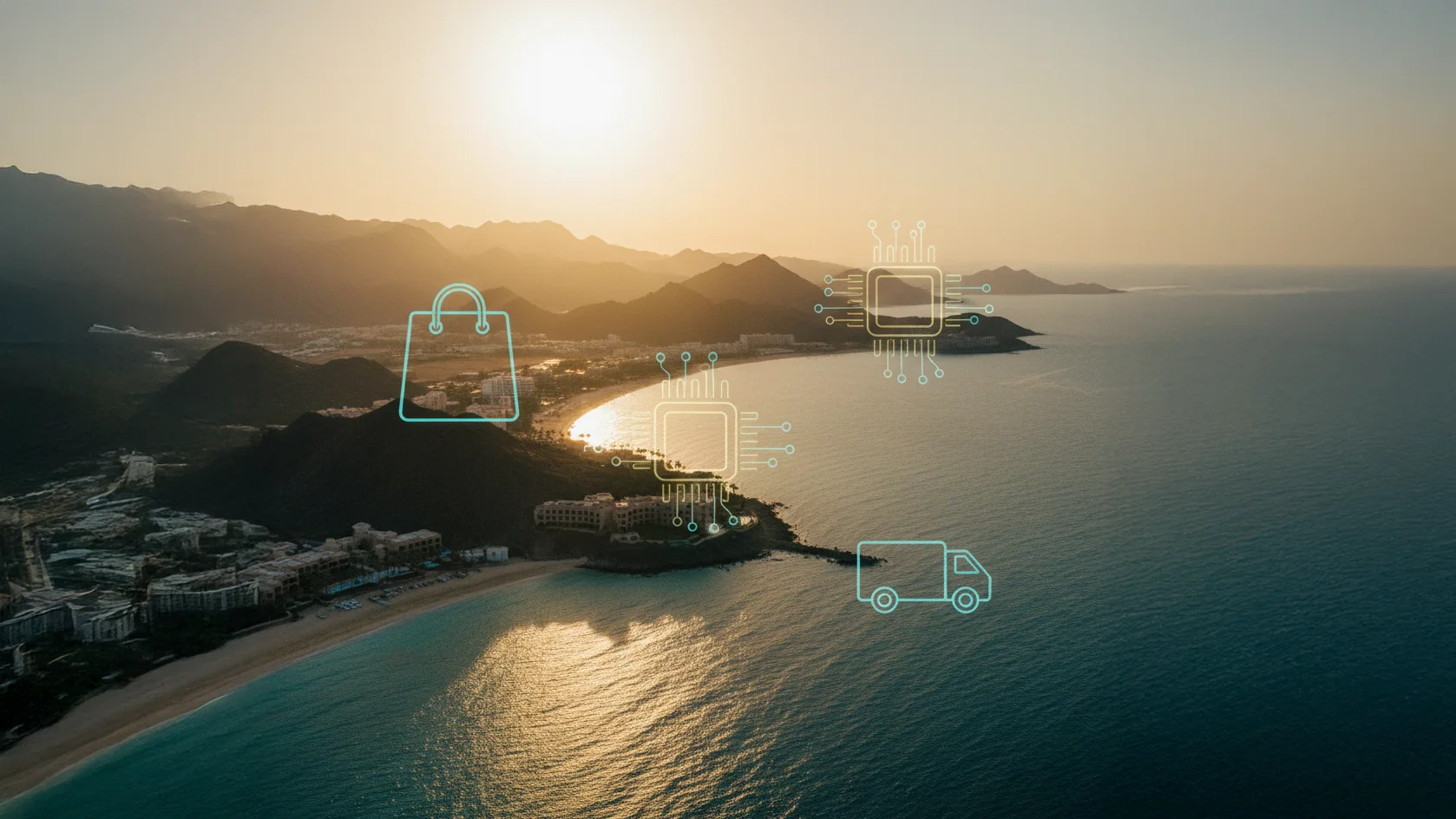 Ras Al Khaimah coastline at golden hour with subtle e-commerce overlays, symbolizing online business growth in the Northern Emirates