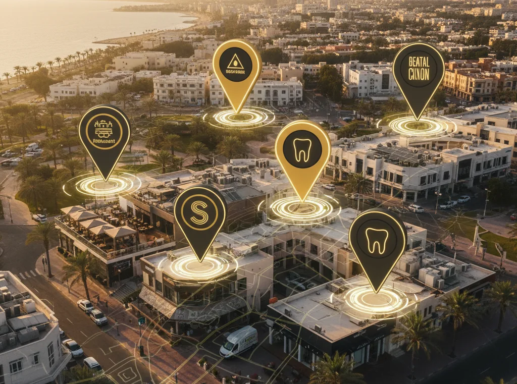 Aerial view of Ras Al Khaimah with digital map pins highlighting local businesses and streets