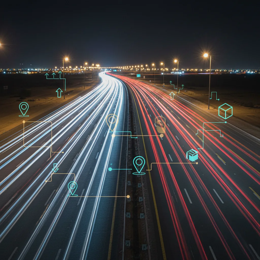 Ras Al Khaimah highway with motion light trails symbolizing logistics and delivery coverage