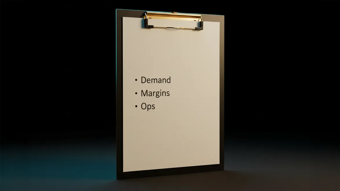 Minimal black-and-gold checklist labeled Demand, Margins, Operations — the three filters for choosing an e-commerce niche in RAK