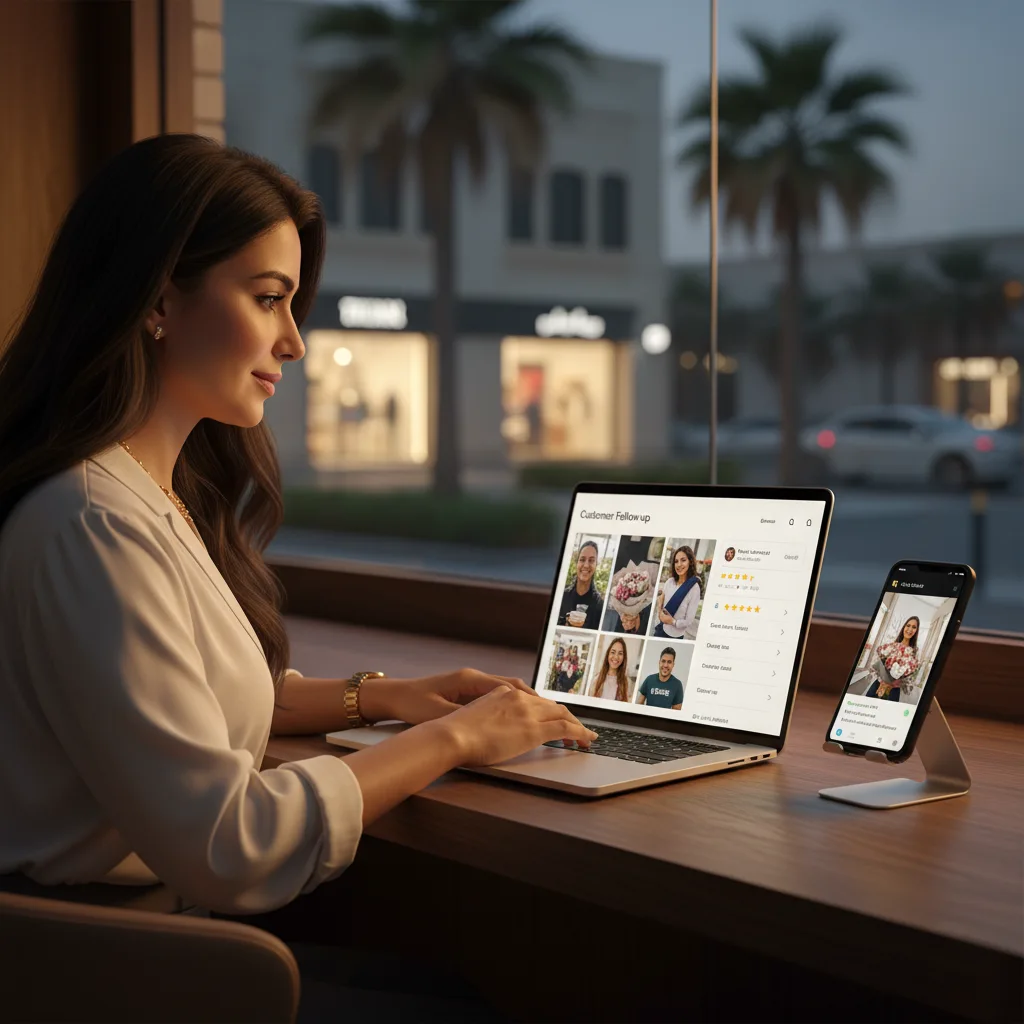Ras Al Khaimah business owner sending friendly WhatsApp follow-ups and emails to happy customers with real shop photos on screen