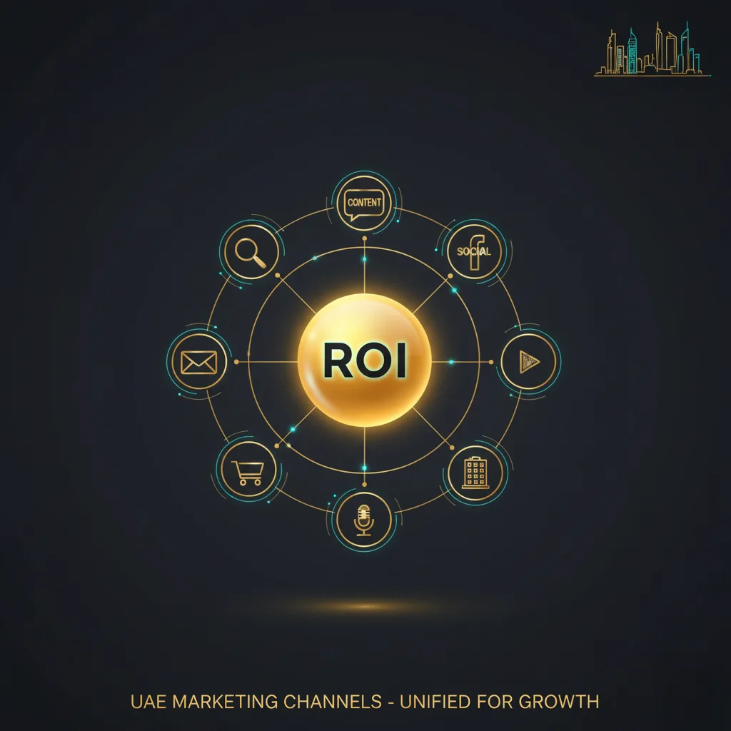 Top 10 digital marketing strategies with ROI focus for UAE businesses — sleek black, gold, and cyan infographic.