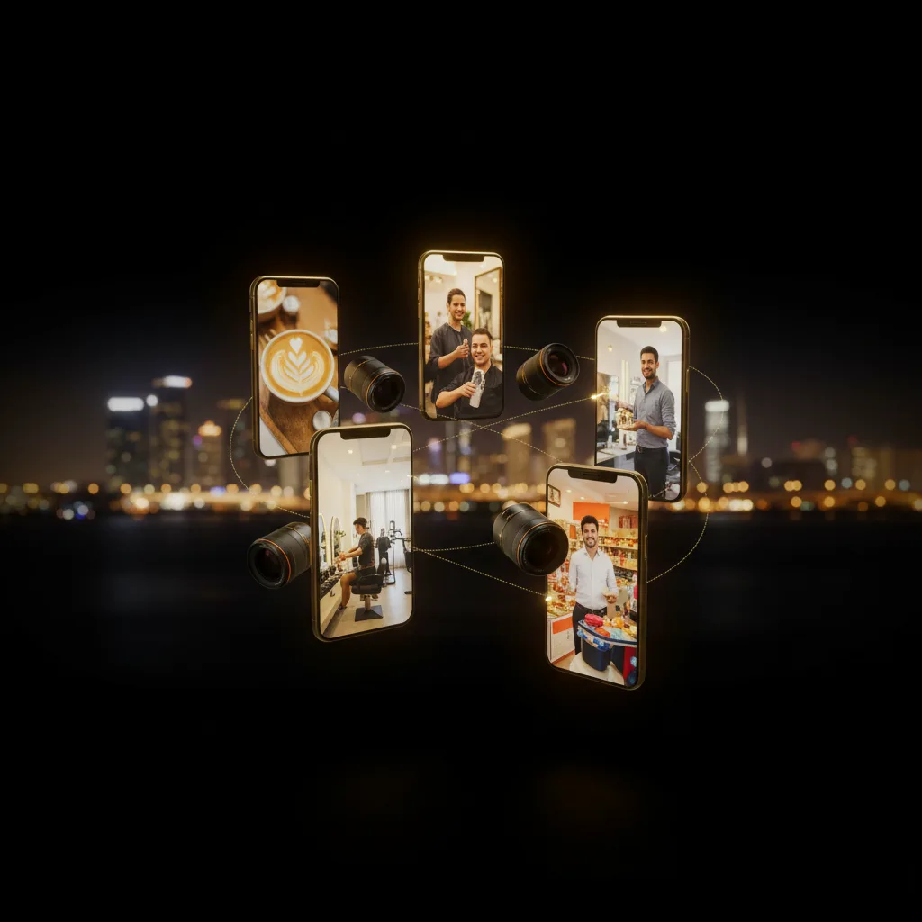 Cinematic collage of smartphone screens and camera lenses capturing real Ras Al Khaimah businesses with glowing gold light trails