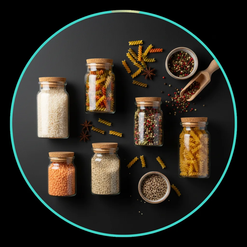 Specialty organic foods arranged in a clean, premium composition