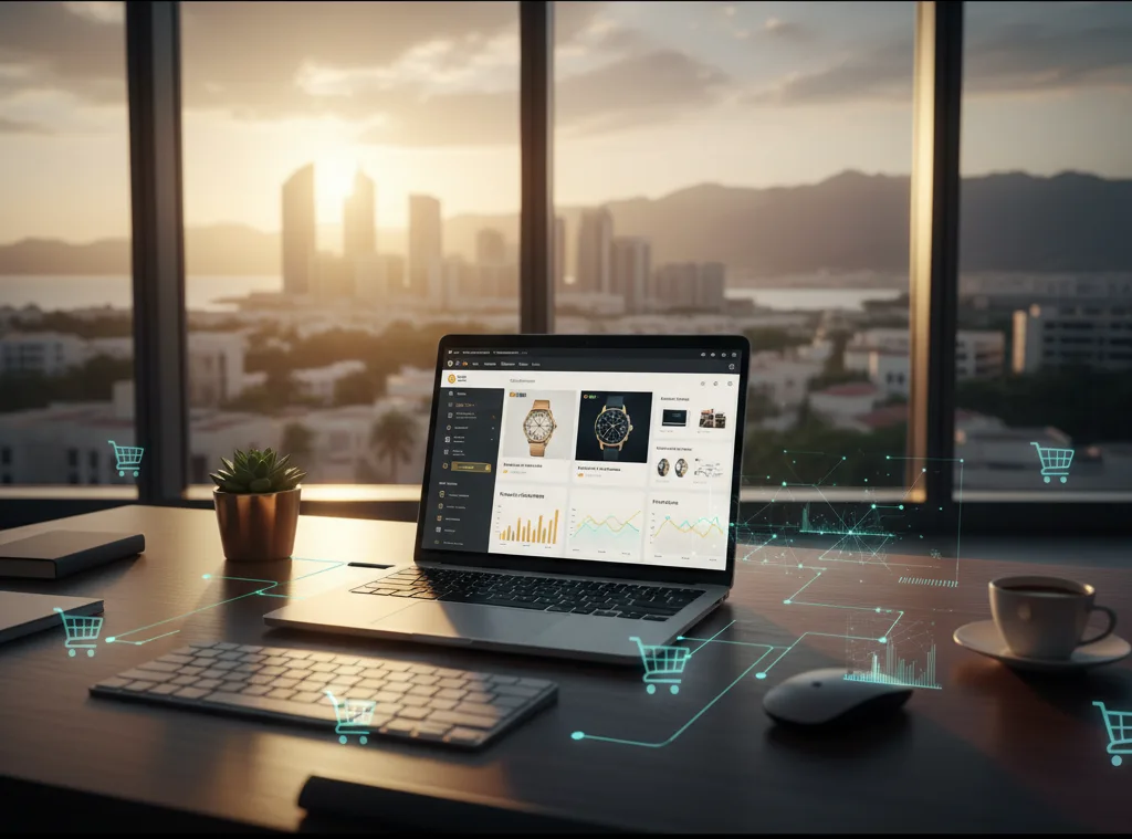E-commerce website design in Ras Al Khaimah — premium black and gold storefront mockup