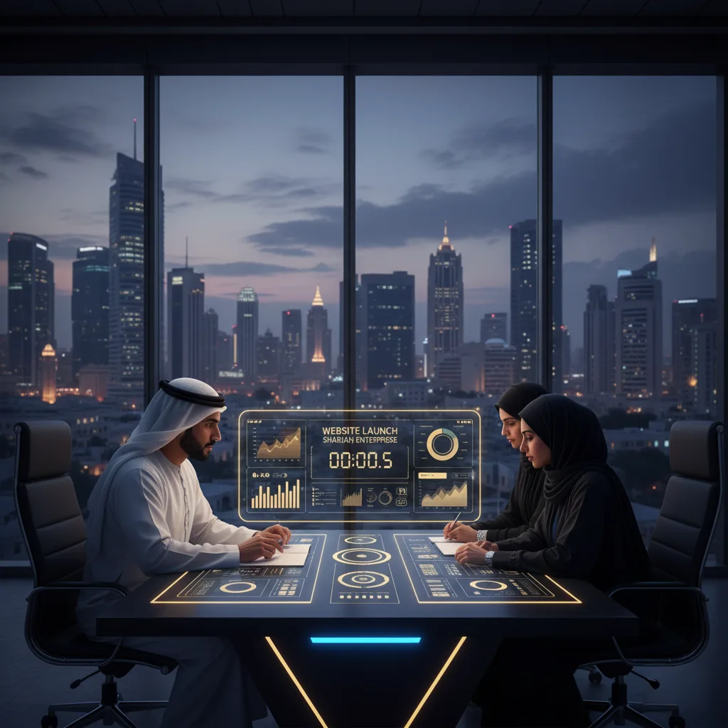 Sharjah business owners reviewing website launch dashboard